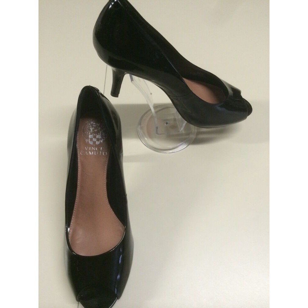 Vince Camuto Women's Shoes Kiras Black Patent Leather Open Toe Pumps Heel size 8